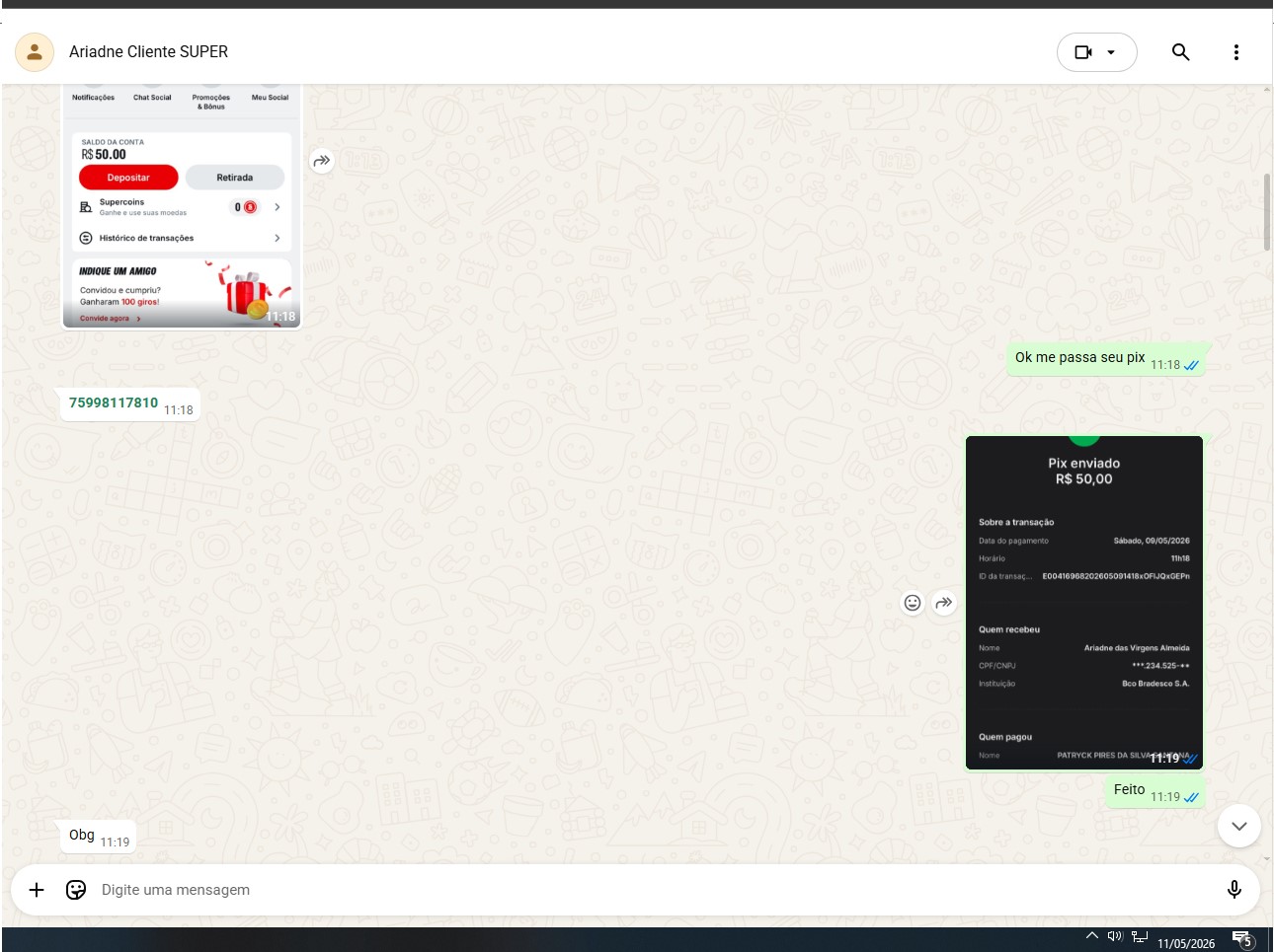 PIX R$50 enviado — Jhenifer Superbet